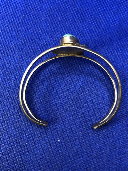 Old Pawn 925 Sterling Silver Squash Blossom Turquoise & Coral Open Cuff Bracelet