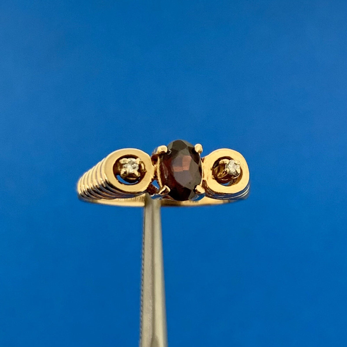 Designer 14K Yellow Gold Oval Garnet Diamond Accent Egyptian Style Ring