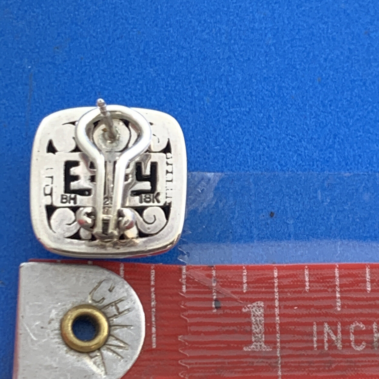 Designer EFFY Sterling Silver 18K Gold Pave Diamond Square Omega Back Earrings