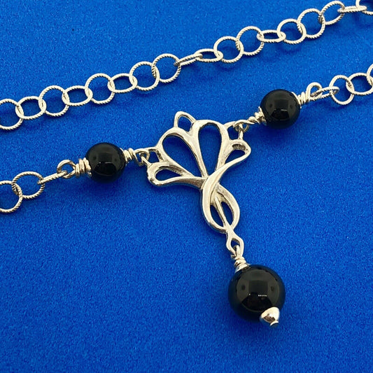Stunning Sterling Silver 925 Onyx Bead Circle Link 20.5" Pendant Necklace