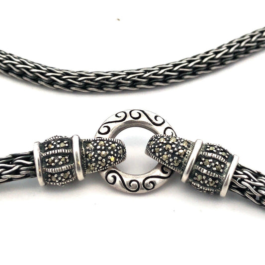 Vintage CNA 925 Sterling Silver Marcasite Wheat Chain Necklace