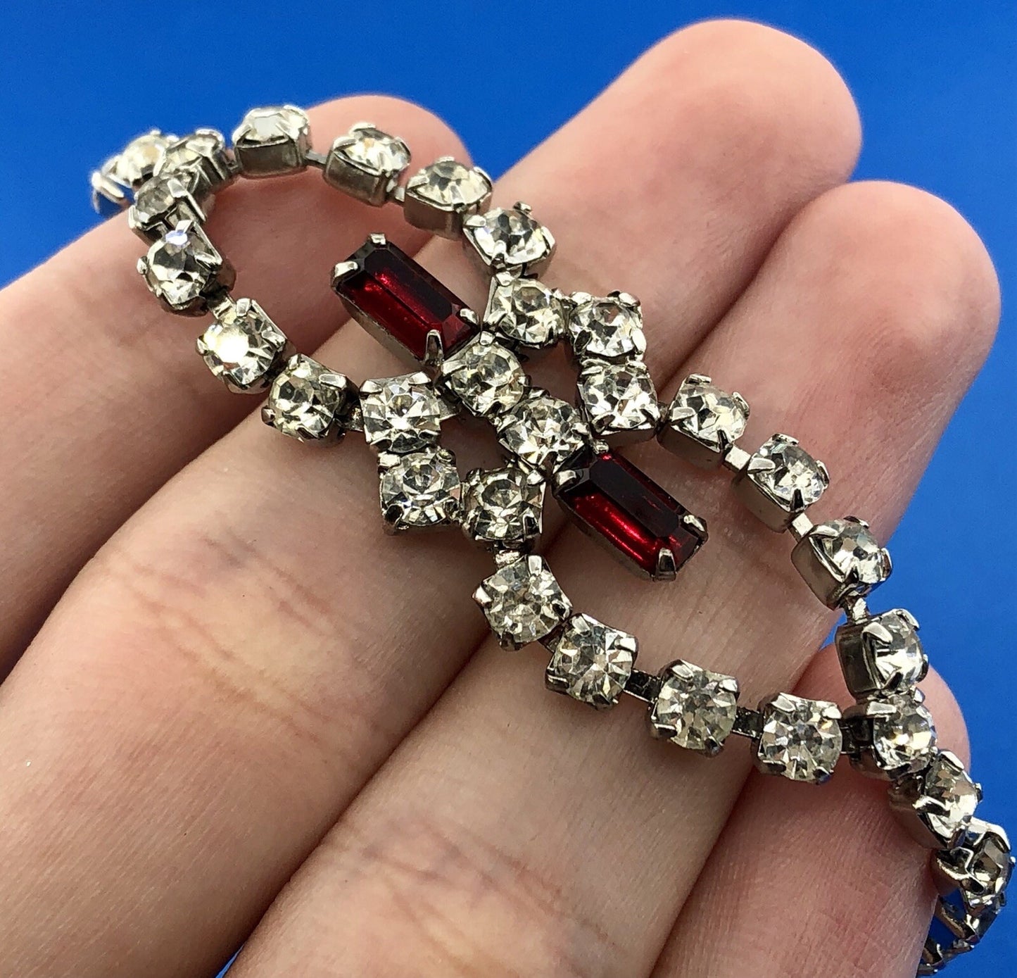 Vintage Silver Tone Rectangle Red Round White Rhinestone Valentine Bracelet