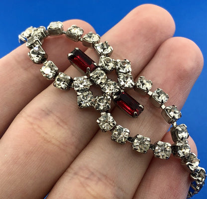 Vintage Silver Tone Rectangle Red Round White Rhinestone Valentine Bracelet