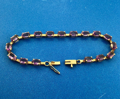 Vintage 10K Oval Amethyst Panel Bar Link February Anniversary Tennis Bracelet