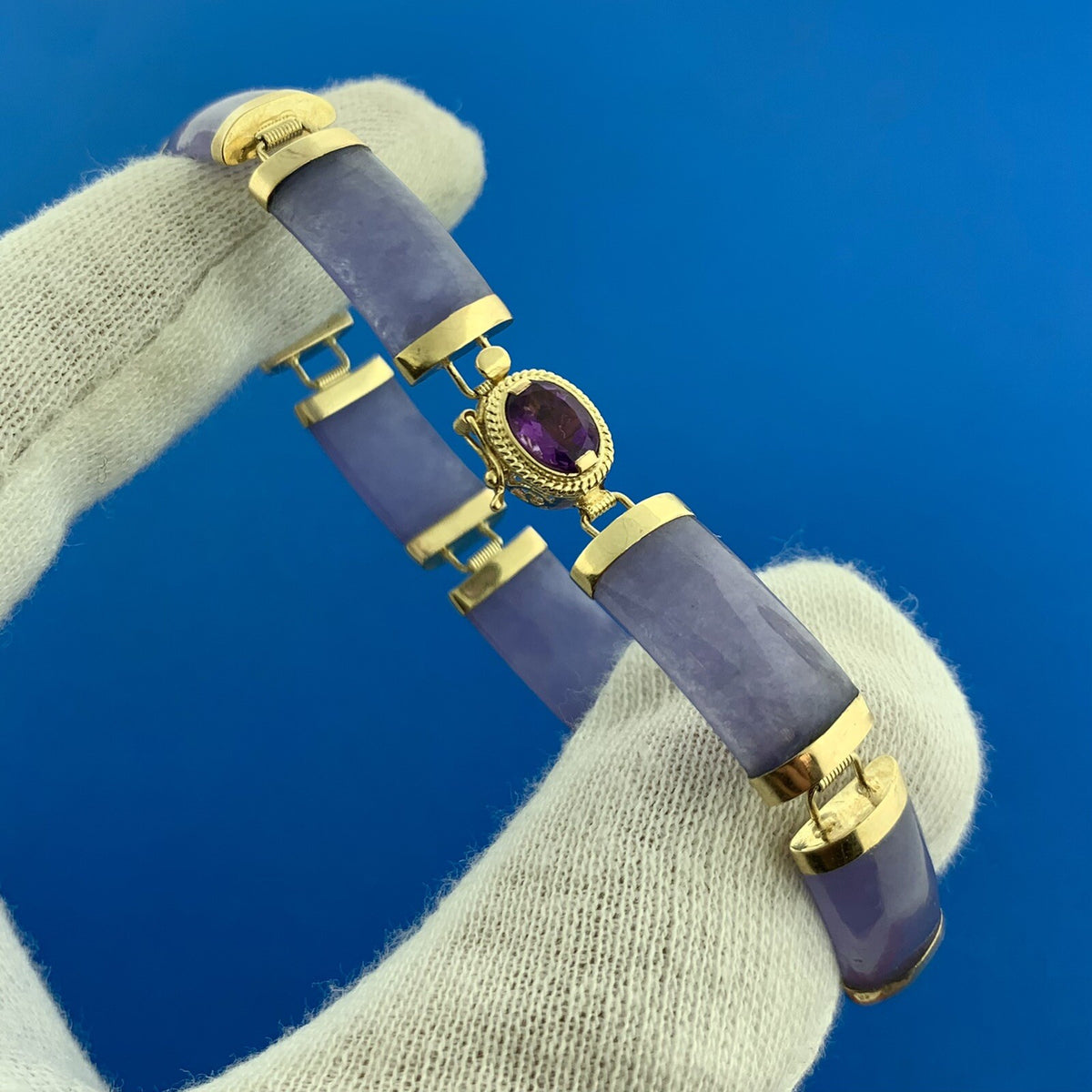 Designer 14K Yellow Gold Lavender Jade Bar Amethyst Statement Tennis Bracelet