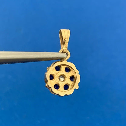 14K Yellow Gold Blue Sapphire Diamond Accented Floral Petite Charm Pendant