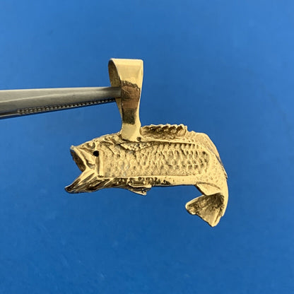Vintage 14K Yellow Gold Diamond Open Mouth Koi Bass Fish Statement Pendant