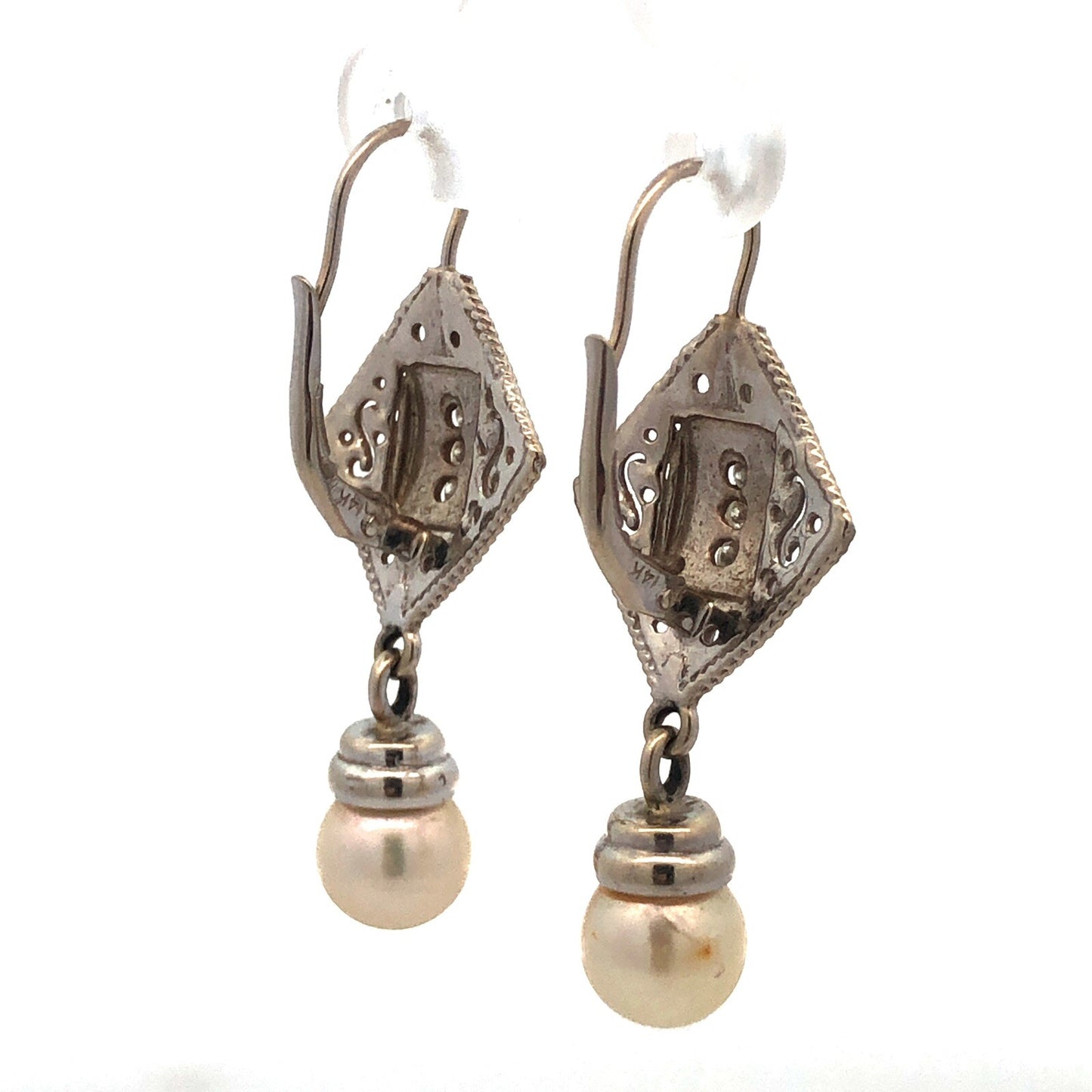 Art Deco 14K White Gold Pearl Diamond Filigree Drop Dangle French Hook Earrings
