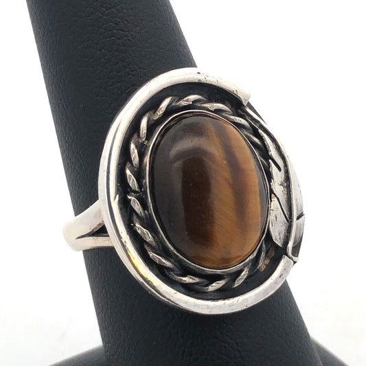 Estate 925 Sterling Silver Cabochon Tigers Eye Feather Design Oval Ring
