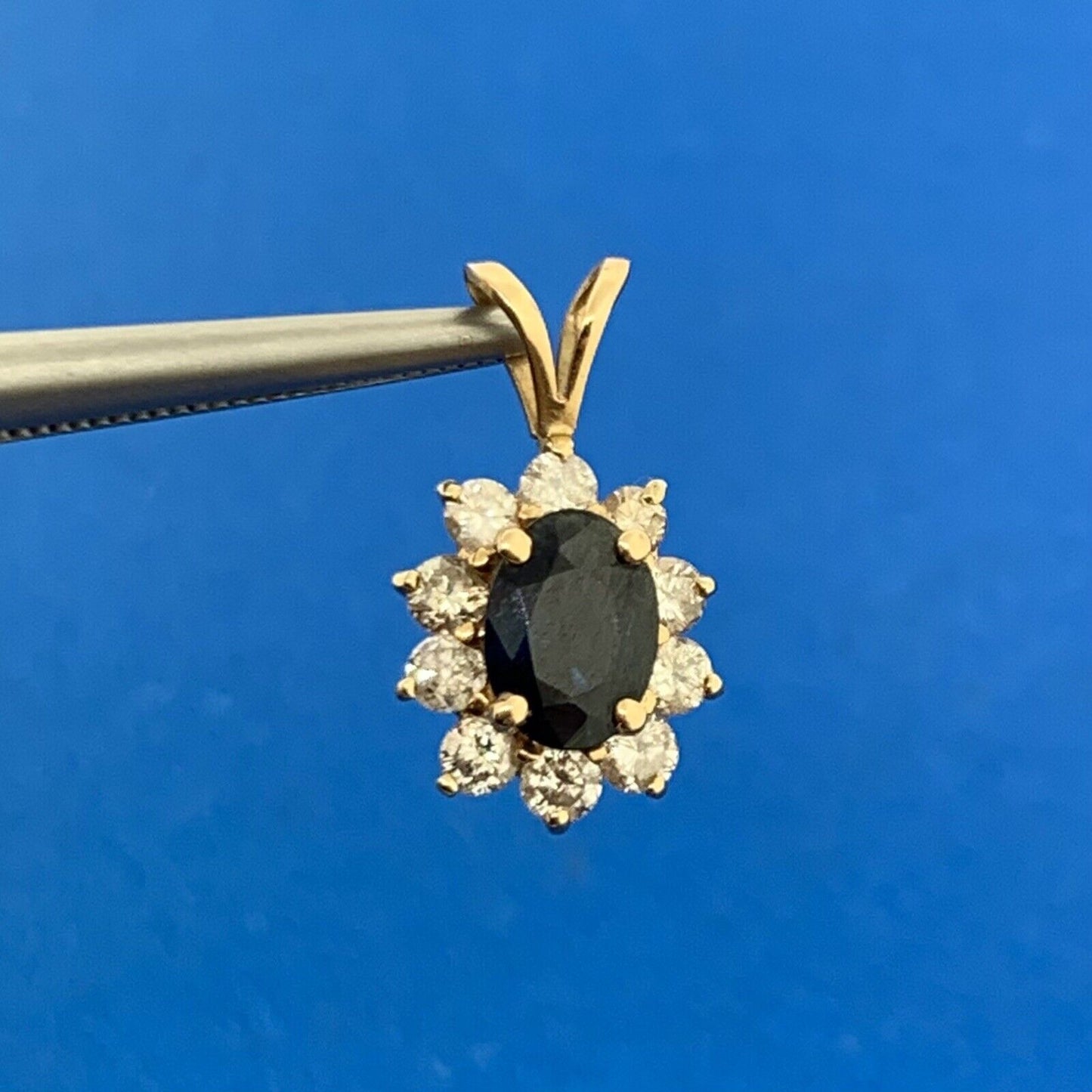 14K Yellow Gold Oval Blue Sapphire Diamond Halo Pendant