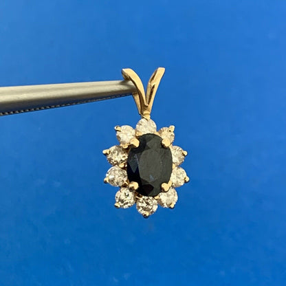 14K Yellow Gold Oval Blue Sapphire Diamond Halo Pendant