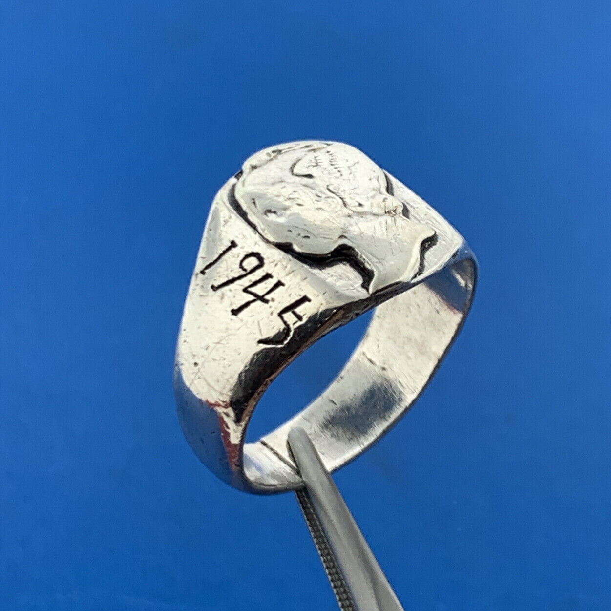 Mid Century 1945 China Engraved 925 Sterling Silver Mercury Dime Bust Dome Ring