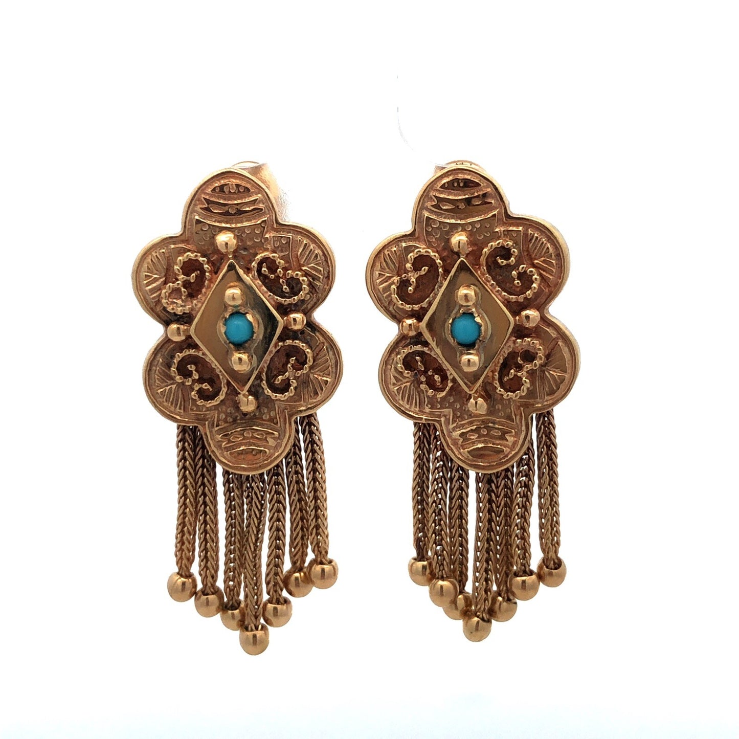 Vintage 14k Yellow Gold Edwardian Dangle Tassel Earrings with Turquoise
