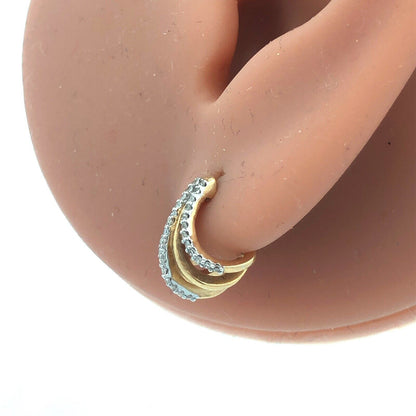 Designer 10K Yellow Gold Pave Diamond Modernist Half Hoop Stud Earrings