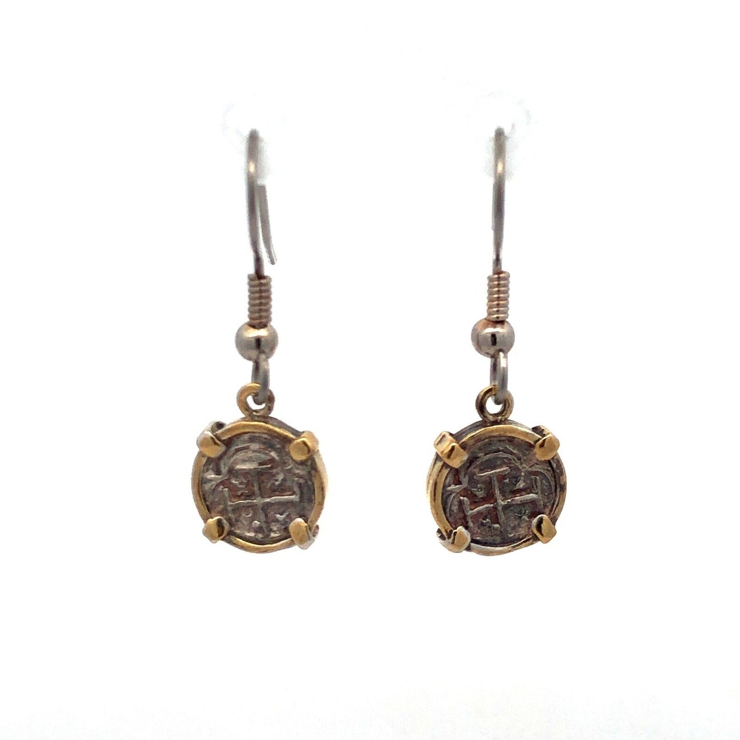 Vintage 925 Sterling Silver Bronze Ancient Coin Hook Dangle Earrings