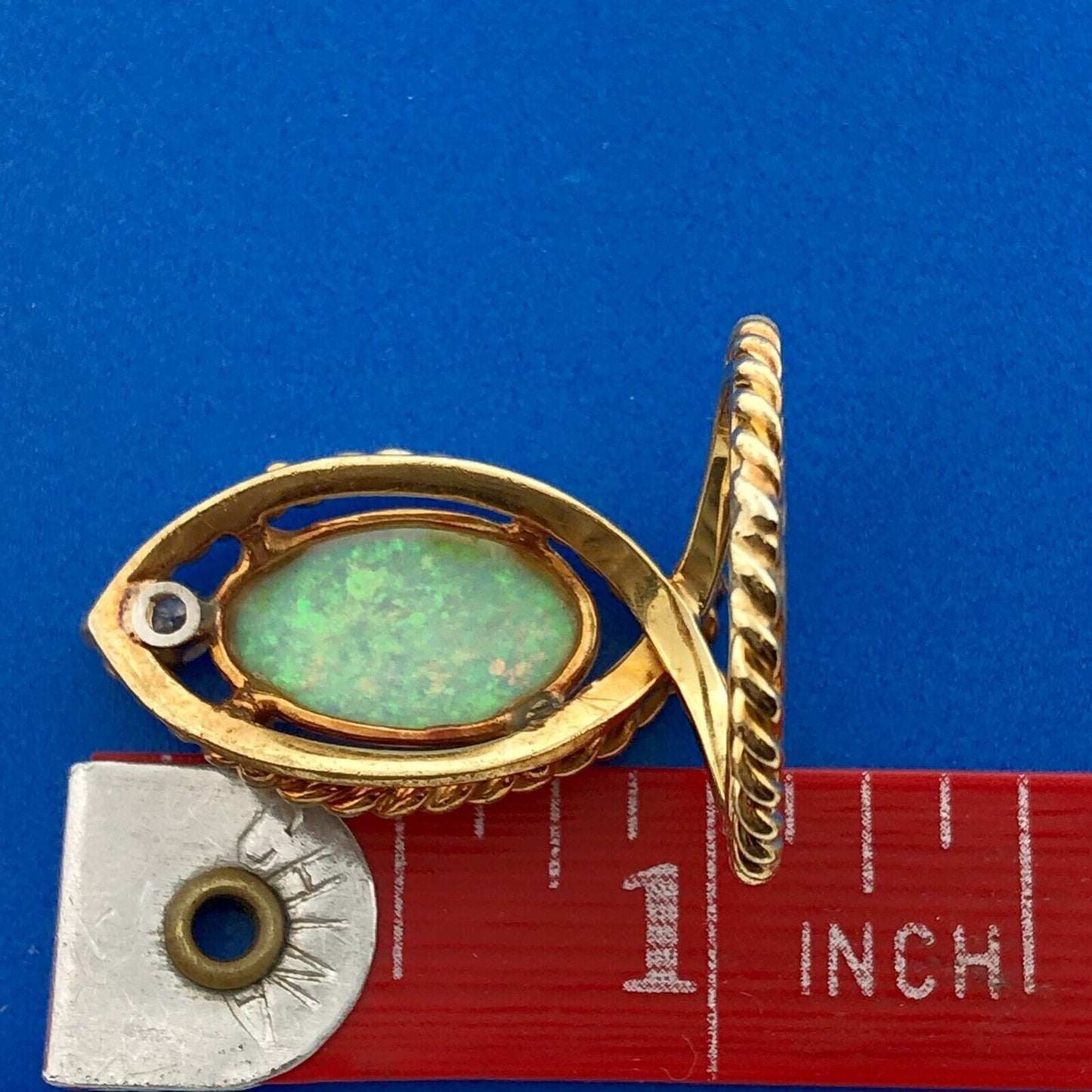 Custom Estate 18K Yellow Gold Oval Opal Diamond Accent Ichthys Statement Ring