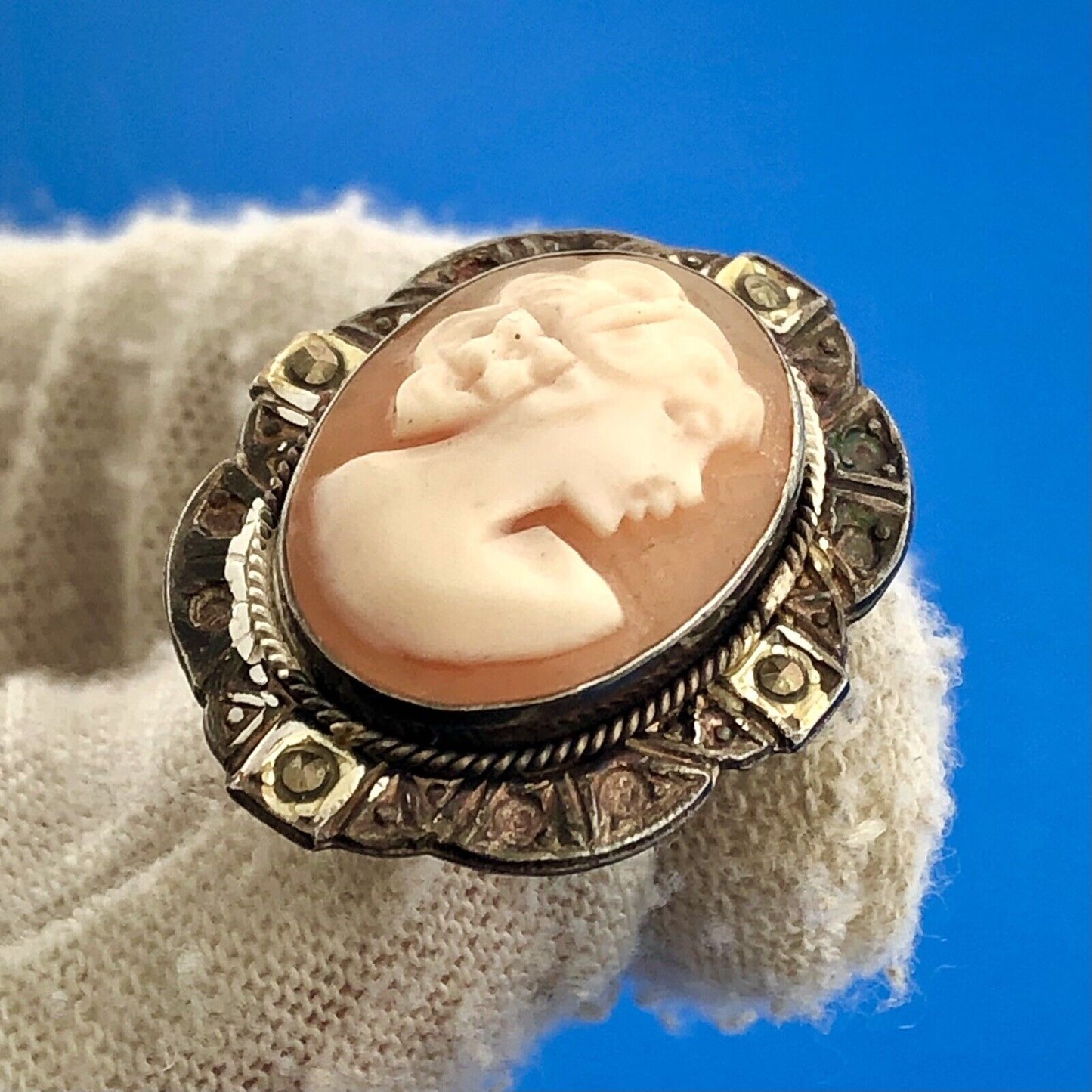 Victorian 925 Sterling Silver Carved Cameo Marcasite Statement Stud Earrings