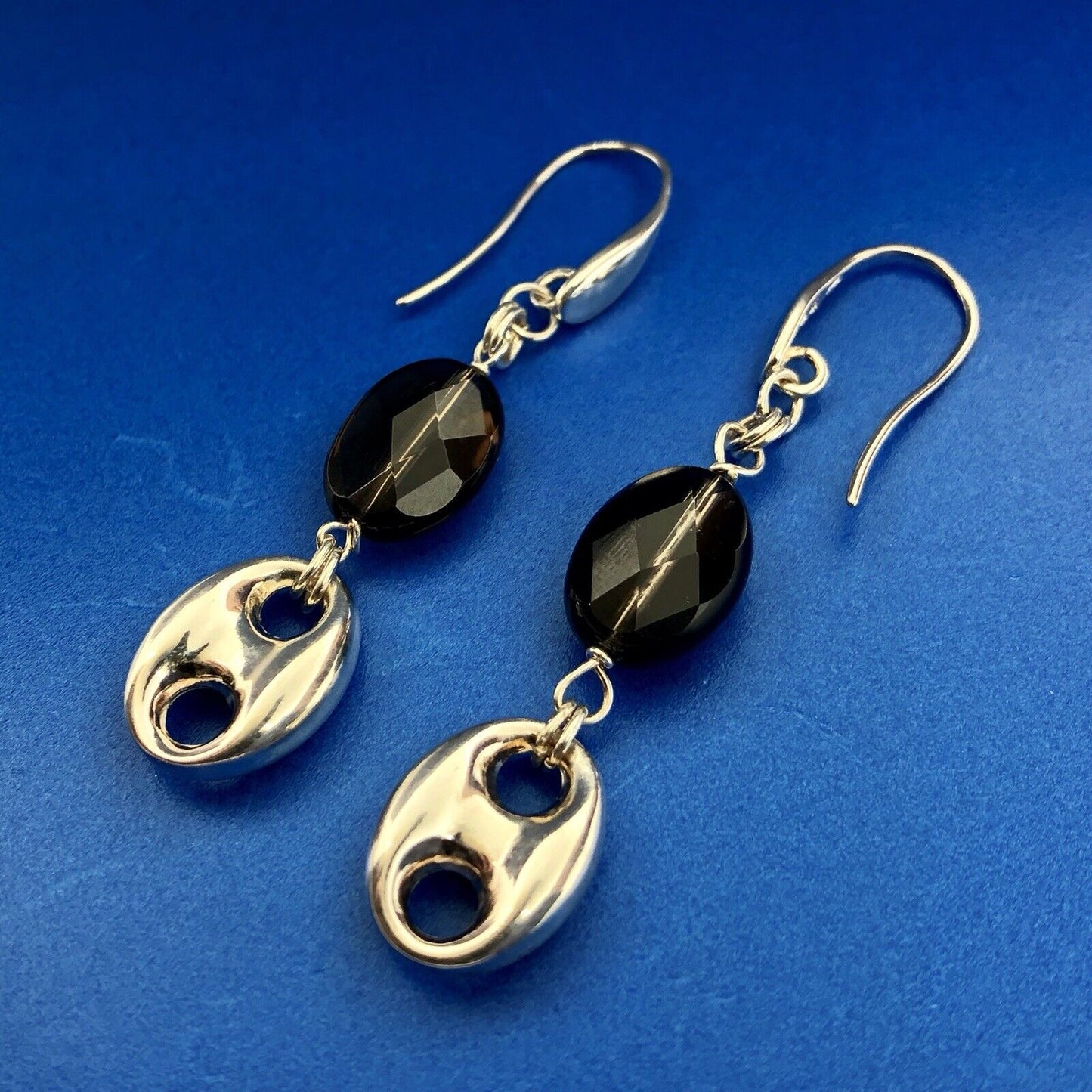 Designer Italy Sterling Silver 925 Smoky Quartz Topaz Modernist Dangle Earrings