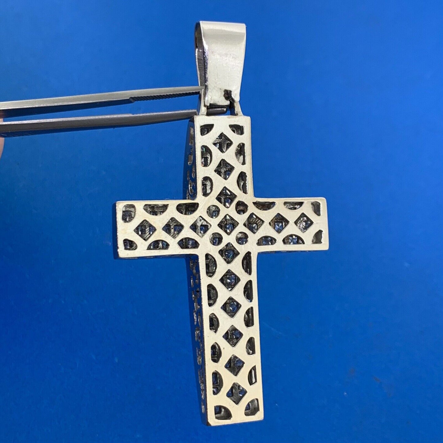 Custom 18K White Gold Princess Diamond Encrusted Statement Cross Pendant