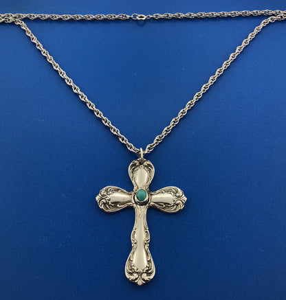 Vintage 925 Towle Old Master Turquoise Cross Religious Easter Statement Necklace