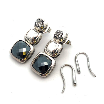 David Yurman 925 Sterling Silver Albion Cushion Cut Hematite Diamond Earrings