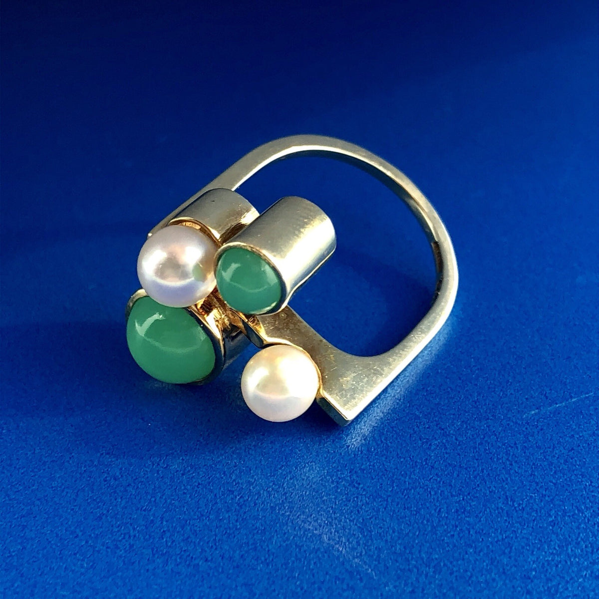 Retro 14K Germany Pearl Tourmaline Modernist Abstract Free Form Cocktail Ring