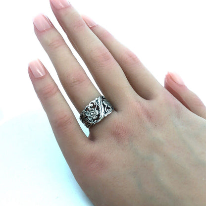 Estate 925 Sterling Silver Floral Flower Vines Nature Open Work Wide Band Ring