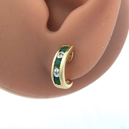 Elegant 14K Yellow Gold Emerald Diamond Channel Set Anniversary Huggie Earrings