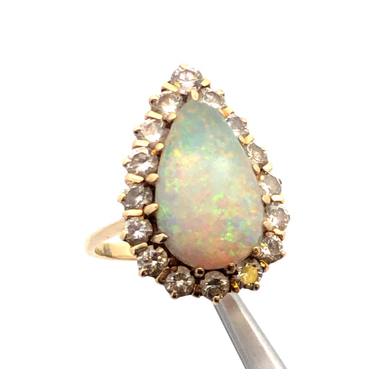 Vintage 14K Yellow Gold Pear Opal Cabochon Diamond Halo Cocktail Ring