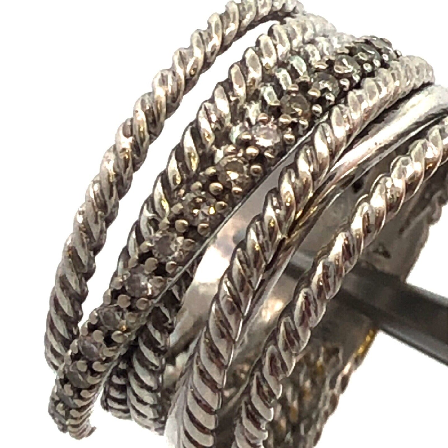 David Yurman 925 Sterling Silver 14K White Gold Diamond Crossover 7 Band Ring