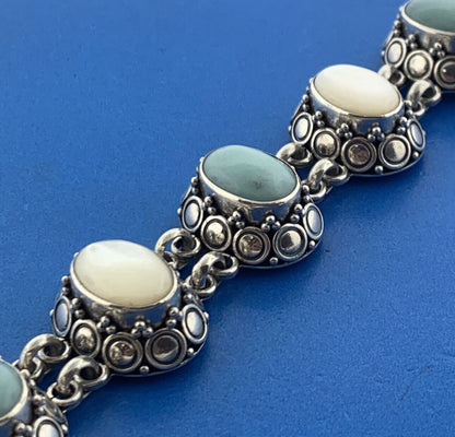 BA Suarti 925 Sterling Silver Aventurine Mother Of Pearl Cabochon Panel Bracelet