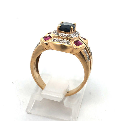 Designer 14K Yellow Gold Oval Blue Sapphire Emerald Ruby Diamond Accented Ring
