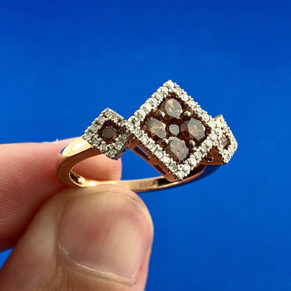 10k Rose Gold Champagne Diamond Ring with White Diamond Halo 9SQ