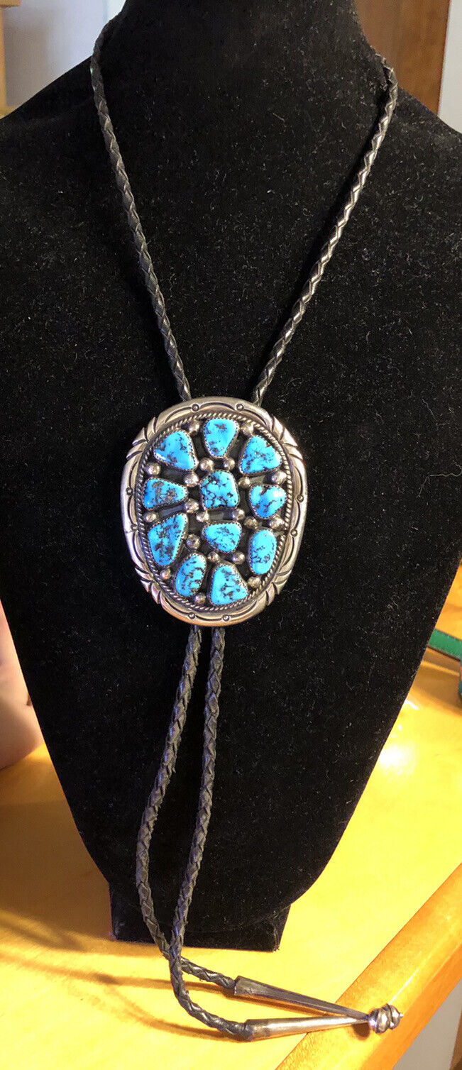 Tommy Moore Navajo Sterling Silver Turquoise Black Leather Bolo Lariat Necklace