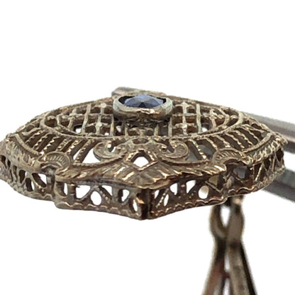 Vintage 14K White Gold Oval Blue Sapphire Seed Pearl Filigree Statement Pendant