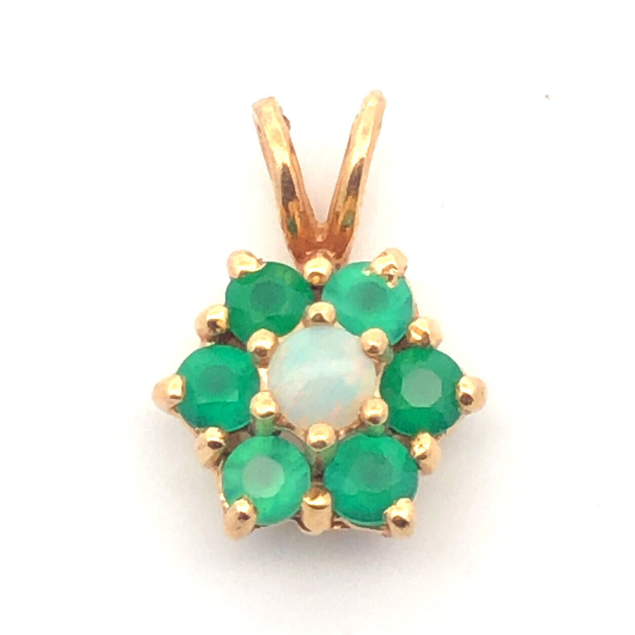 Gorgeous 14k Yellow Gold White Opal Round Cut Emerald Floral Cluster Pendant