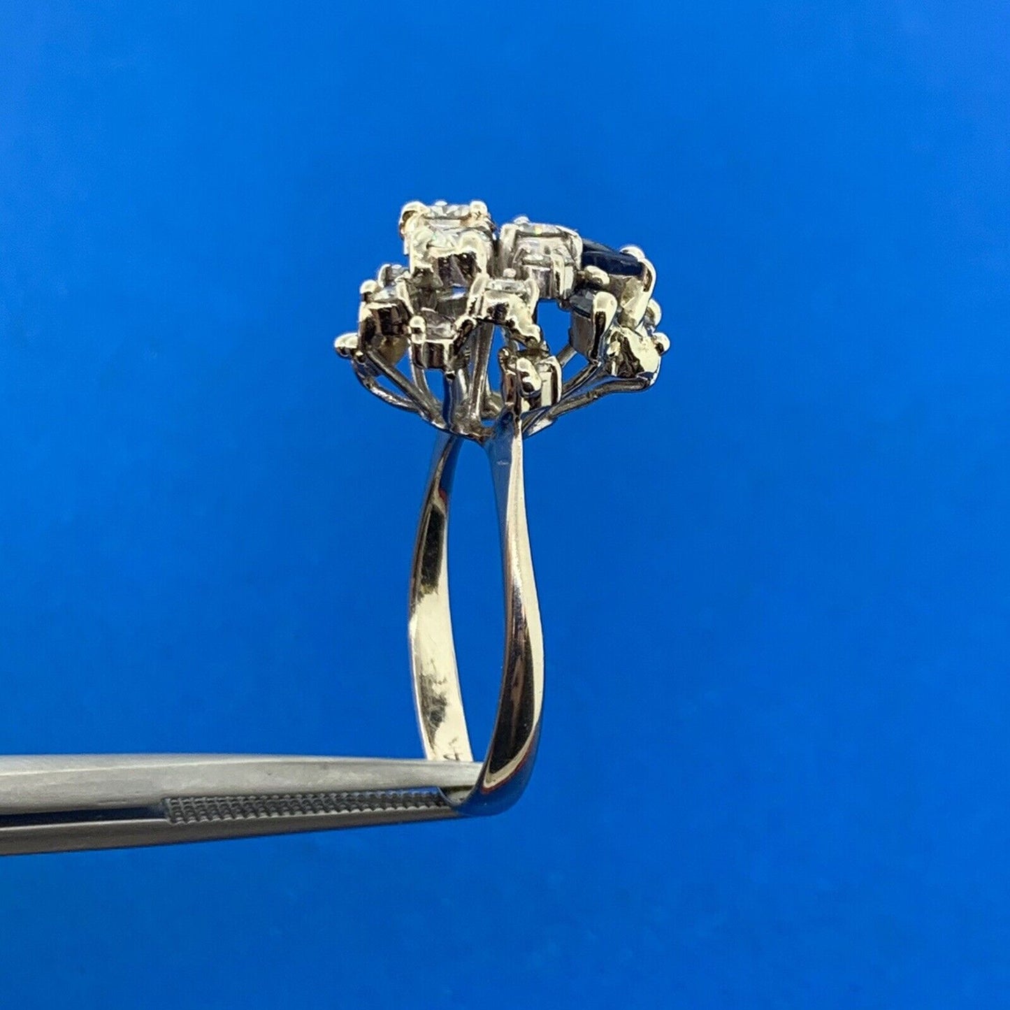 14K White Gold Diamond Sapphire Cluster Statement Anniversary Cocktail Ring