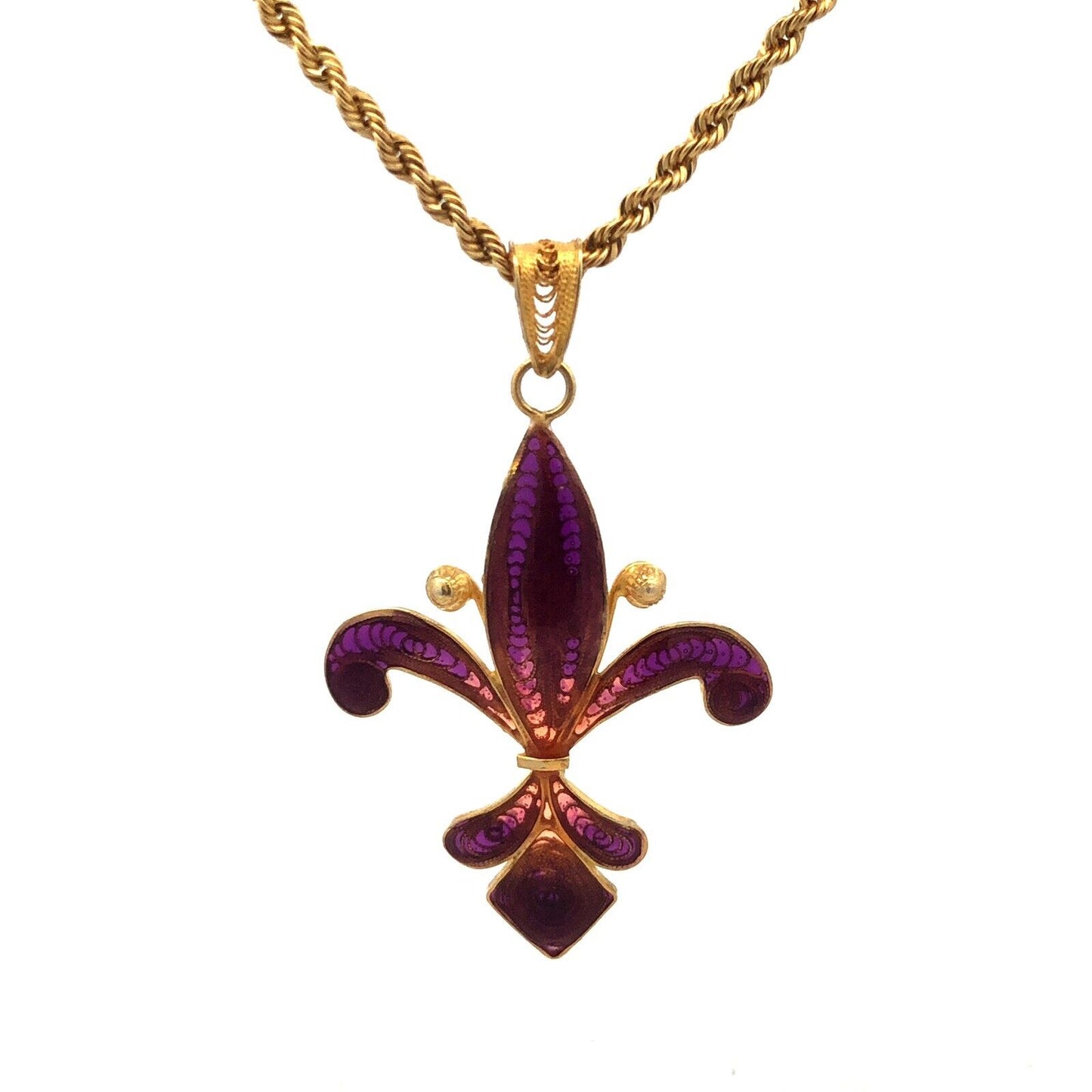 Milor 925 Sterling Silver Vermeil Purple Enamel Fleur De Lis Adjustable Necklace