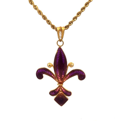 Milor 925 Sterling Silver Vermeil Purple Enamel Fleur De Lis Adjustable Necklace