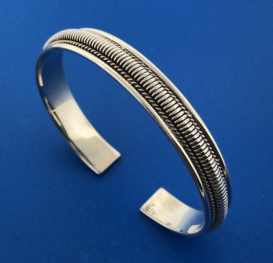 Designer Sterling Silver 925 Ribbed Cable Polished 3D Cuff Bracelet