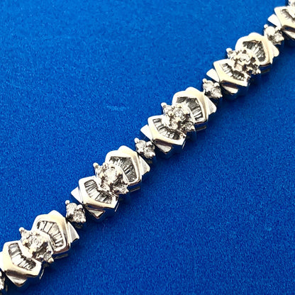 Vintage WGD 14K White Gold Diamond Panel Round Baguette Tennis Bracelet