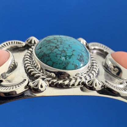 Designer REVE 925 Sterling Silver Turquoise Coral Statement Open Cuff Bracelet