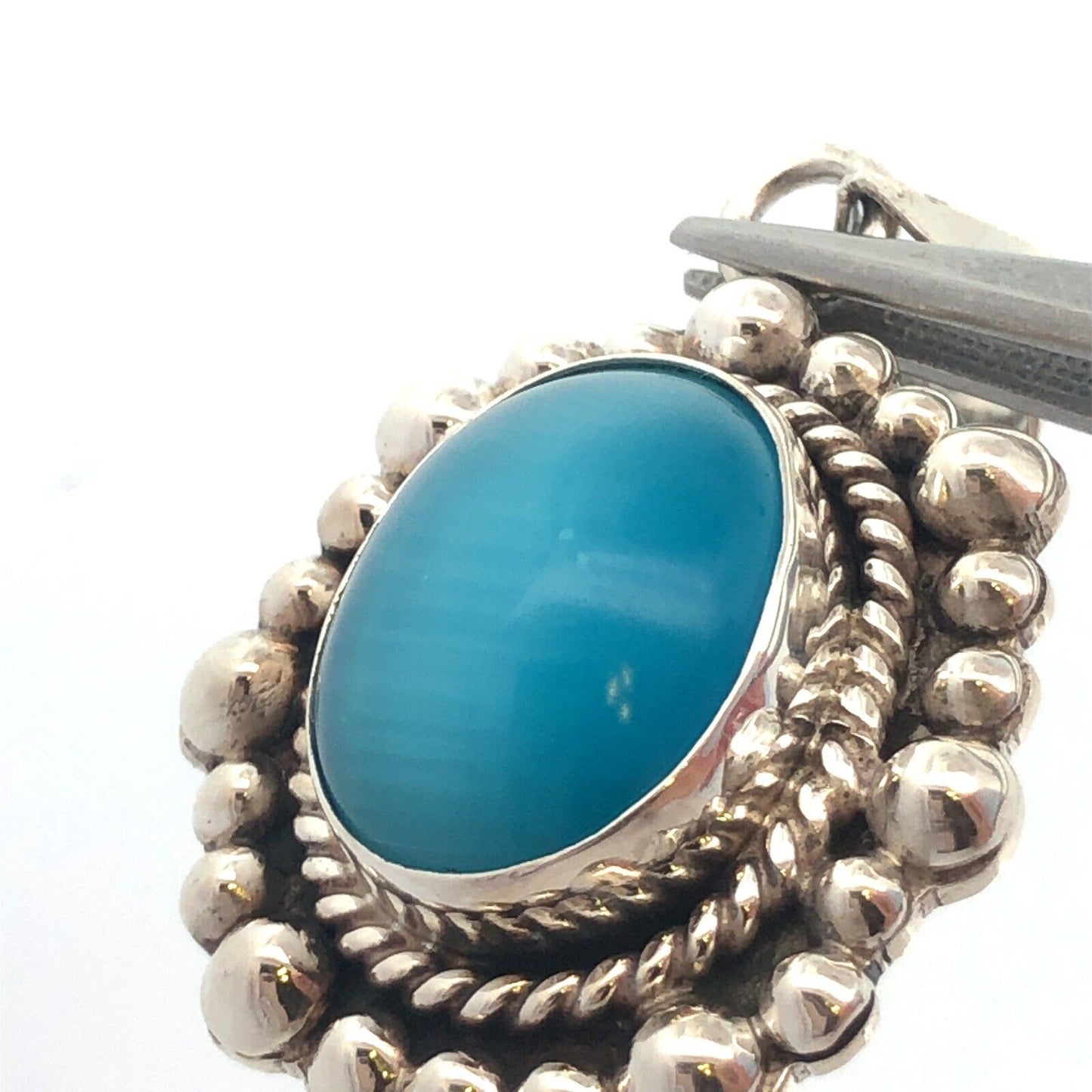 Designer ATI Mexico 925 Sterling Silver Oval Blue Cat's Eye Statement Pendant