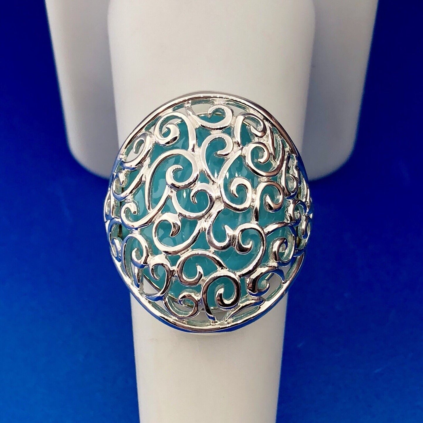 Designer 925 Sterling Silver Aqua Enamel Swirl Scroll Open Work Statement Ring