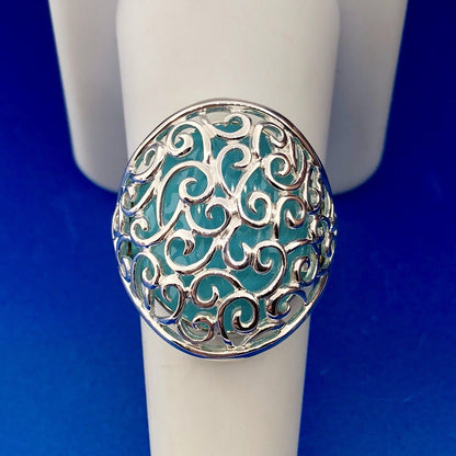 Designer 925 Sterling Silver Aqua Enamel Swirl Scroll Open Work Statement Ring