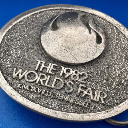 1982 Worlds Fair Logo Knoxville Tennessee Silver Tone Metal Oval Belt Buckle