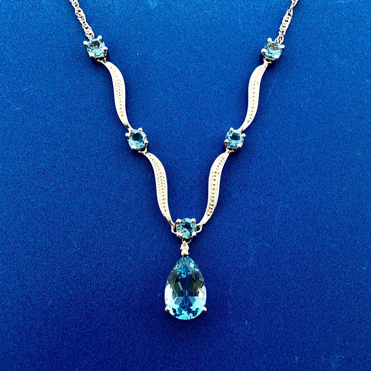 Designer 10K White Gold Blue Topaz Pear Solitaire Accents Statement Necklace