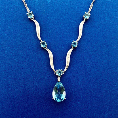 Designer 10K White Gold Blue Topaz Pear Solitaire Accents Statement Necklace