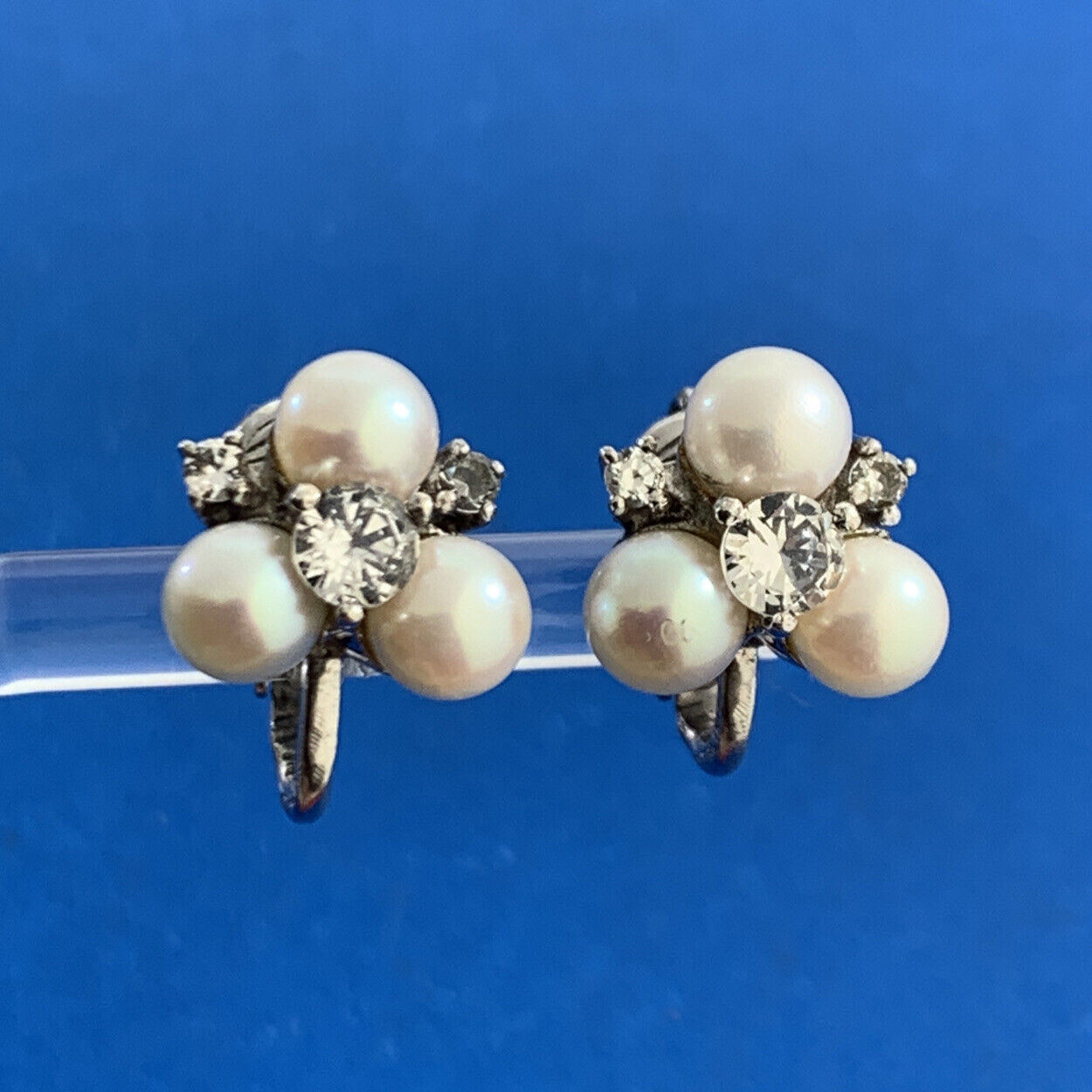 Vintage 925 Sterling Silver Pearl White Topaz Cluster Clip-on Stud Earrings