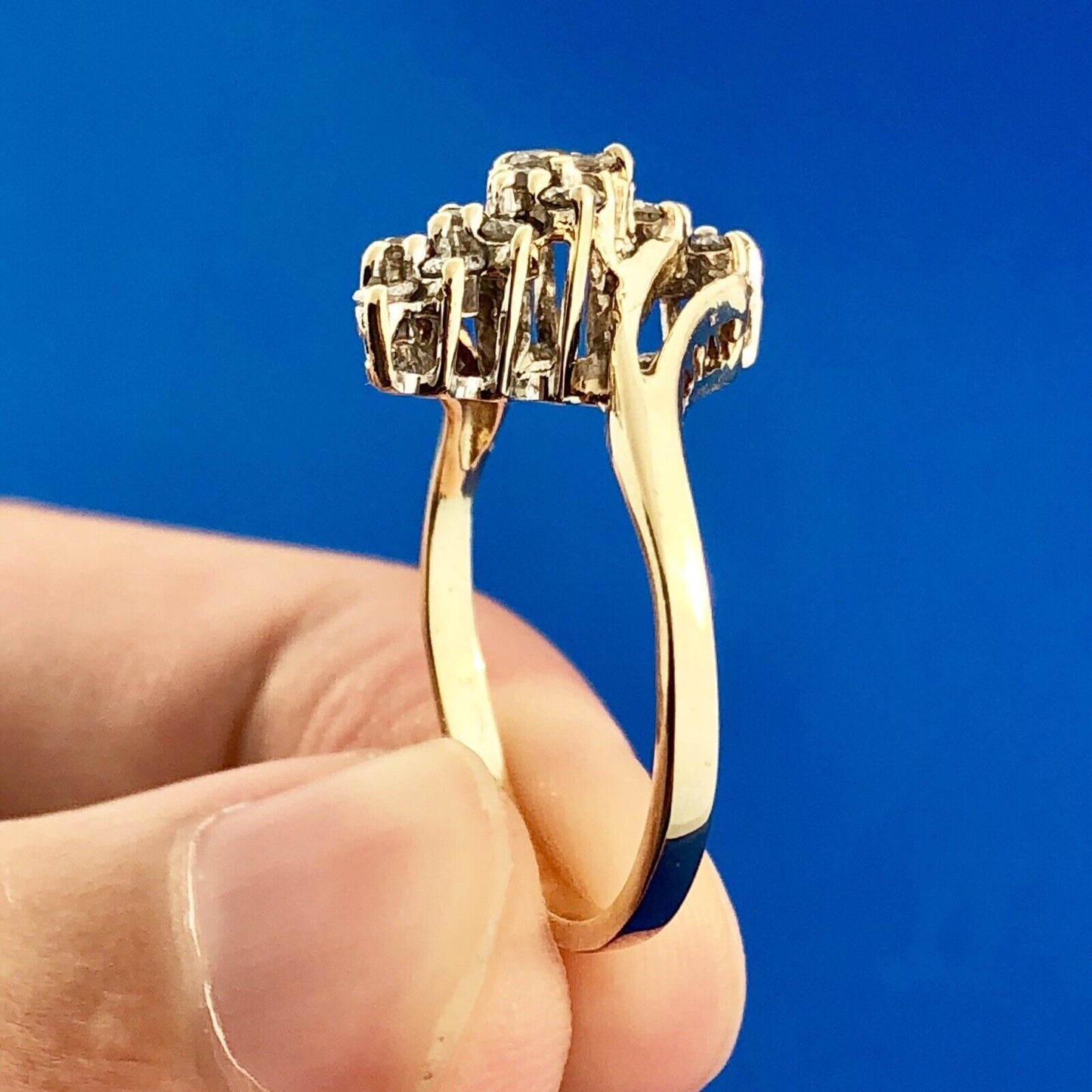 Retro 14K Yellow Gold Diamond Waterfall Cluster Bypass Anniversary Cocktail Ring